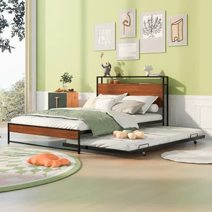 Full Size Metal Platform Bed Frame with Trundle, USB Ports and Slat Support ,No Box Spring Needed Black Full Size Metal Platform Bed Frame with Trundle, USB Ports and Slat Support ,No Box Spring Needed Black