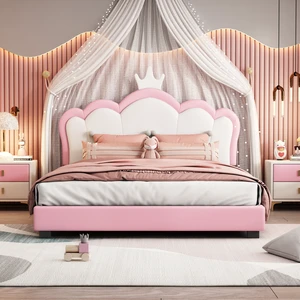 Full size Upholstered Princess Bed With Crown Headboard,Full Size Platform Bed with Headboard and Footboard, Cream+Pink Full size Upholstered Princess Bed With Crown Headboard,Full Size Platform Bed with Headboard and Footboard, Cream+Pink