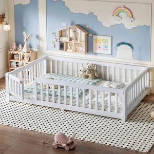 Full Size Bed Floor Bed with Safety Guardrails and Door for Kids, White Full Size Bed Floor Bed with Safety Guardrails and Door for Kids, White