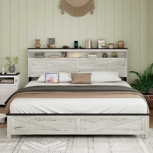 King size bed with wooden headboard and hidden storage space, no need for box springs,Antique White+Gray King size bed with wooden headboard and hidden storage space, no need for box springs,Antique White+Gray