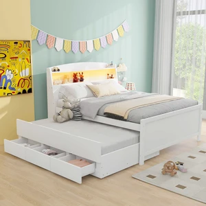 Full Size Platform Bed with Storage LED Headboard, Twin Size Trundle and 3 Drawers, White Full Size Platform Bed with Storage LED Headboard, Twin Size Trundle and 3 Drawers, White