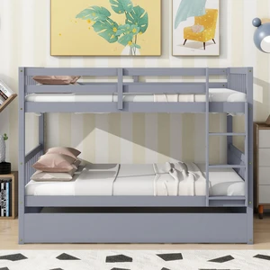Full Over Full Rubber Wood Bunk Bed with Trundle, Ladder and Guardrails, Convertible to 2 Full Size Beds, with Twin Size Trundle ,Grey
