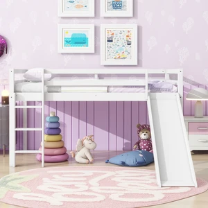 Twin Low Loft Bed with Slide, Ladder, Safety Guardrails, Rubber Wood Twin Loft Bed,White Twin Low Loft Bed with Slide, Ladder, Safety Guardrails, Rubber Wood Twin Loft Bed,White