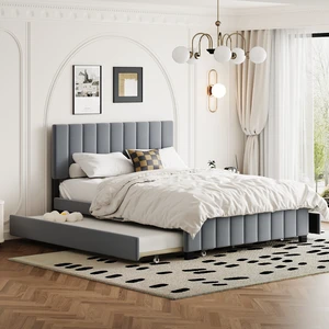 Queen Size Velvet Upholstered Platform Bed with 2 Drawers and 1 Twin XL Trundle- Gray Queen Size Velvet Upholstered Platform Bed with 2 Drawers and 1 Twin XL Trundle- Gray
