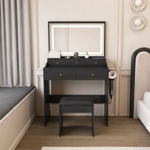 New Large Mirror Vanity Desk for Bed room , Modern Makeup Vanity Set with Power Outlet and Hair dryer holder, 5 Drawers , 3 Lighting Color Adjustable Dressing Table for Bedroom, Black Color