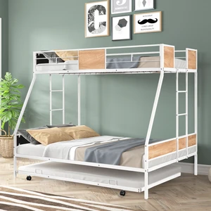 Metal Twin over Full Bunk Bed with Trundle/ Heavy-duty Sturdy Metal/ Noise Reduced/ Safety Guardrail/ Wooden Decoration/ Convenient Trundle / Bunk Bed for Three/ CPC Certified/ No Box Spring Needed Metal Twin over Full Bunk Bed with Trundle/ Heavy-duty Sturdy Metal/ Noise Reduced/ Safety Guardrail/ Wooden Decoration/ Convenient Trundle / Bunk Bed for Three/ CPC Certified/ No Box Spring Needed