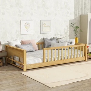 Twin size Floor Platform Bed with Built-in Book Rack,Natural