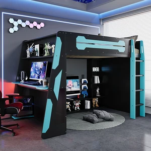 Full Size Wood Loft Bed with Desk, Multi-storage Shelves and RGB Light, Cloud Blue Full Size Wood Loft Bed with Desk, Multi-storage Shelves and RGB Light, Cloud Blue