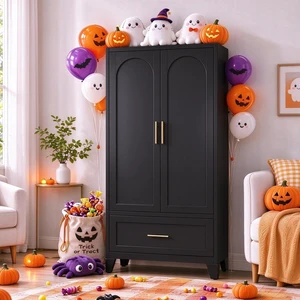 60" Tall Metal Wardrobe Cabinet with 1 Drawer and Hanging Rod, 2 Doors Wardrobe Closet with Shelf for Bedroom, Office, Laundry Room,Entryway ,Foyer,Guesthouse (Black)