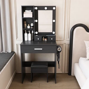 Vanity Table with Mirror & Adjustable LED Lights, Power Outlet, Hairdryer Holder & Stool Compact Dressing Desk for Small Bedrooms(Black) Vanity Table with Mirror & Adjustable LED Lights, Power Outlet, Hairdryer Holder & Stool Compact Dressing Desk for Small Bedrooms(Black)