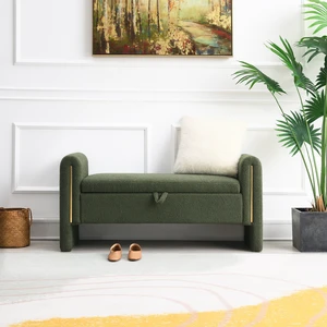 [Video provided]Modern Teddy Bed End Bench with Arms and Storage,Upholstered Large Foot Rest Stool, Comfy Window Vanity Bench for Living Room,Bedroom,Dorm,Coffee Table,Teddy Olive Green