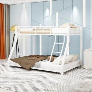 Sturdy Metal Bunk Bed with Heavy-Duty Iron Frame, Space-Saving Twin Over Full Design, Perfect for Kids and Adults, Includes Safety Ladder & Rail  Dimensions: Twin (Upper) & Full (Lower), White.