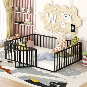 Full Size Metal Floor Bed Frame with Fence and Door, Black Full Size Metal Floor Bed Frame with Fence and Door, Black