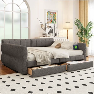 Queen Size Upholstered Platform Bed with USB and 2 Drawers, Gray Queen Size Upholstered Platform Bed with USB and 2 Drawers, Gray