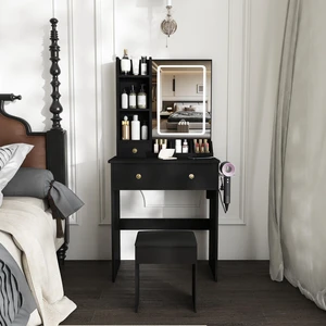 Modern small Vanity Desk ,featuring 3 modes of LED lighting with adjustable brightness, 3 drawers and multiple open storage shelves, a hair dryer holder and power socket, and a dressing chair. black Modern small Vanity Desk ,featuring 3 modes of LED lighting with adjustable brightness, 3 drawers and multiple open storage shelves, a hair dryer holder and power socket, and a dressing chair. black