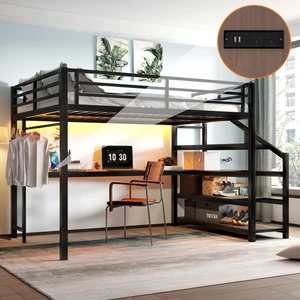 Queen Loft Bed with Desk and Storage Stairs, Metal Loft Beds with LED Lights, USB Ports, Multifunctional Iron Nets, No Spring Box Needed and Noise-free, Black Queen Loft Bed with Desk and Storage Stairs, Metal Loft Beds with LED Lights, USB Ports, Multifunctional Iron Nets, No Spring Box Needed and Noise-free, Black