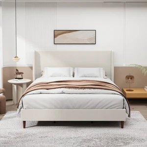 High Headboard Upholstered Bed, King Size Bed Frame, 12-Slat Support, Easy to Assemble, Beige, Chenille Cloth, No Box Spring Needed High Headboard Upholstered Bed, King Size Bed Frame, 12-Slat Support, Easy to Assemble, Beige, Chenille Cloth, No Box Spring Needed