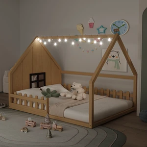 Full Size Wood House Bed with Window and Fence, Natural