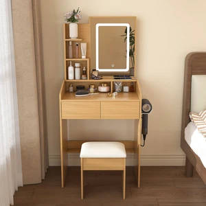Vanity Table with LED-Illuminated Mirror, Power Outlet, Hairdryer Holder & Stool Compact Dressing Desk for Small Bedrooms(Wood) Vanity Table with LED-Illuminated Mirror, Power Outlet, Hairdryer Holder & Stool Compact Dressing Desk for Small Bedrooms(Wood)