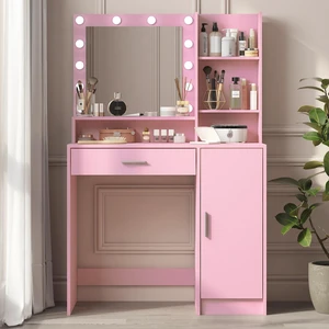 Vanity Desk with Mirror & Light, Large Drawer Three Level Storage Dresser, 3 Lighting Modes Adjustable Brightness, Bedroom Dressing Table(Pink) Vanity Desk with Mirror & Light, Large Drawer Three Level Storage Dresser, 3 Lighting Modes Adjustable Brightness, Bedroom Dressing Table(Pink)
