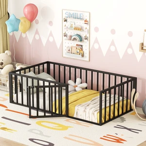 Twin Size Metal Floor Bed Frame with Fence and Door, Black Twin Size Metal Floor Bed Frame with Fence and Door, Black