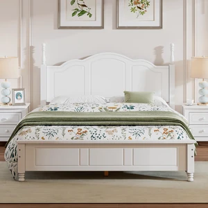 Queen Size Wood Platform Bed Frame,Retro Style Platform Bed with Wooden Slat Support,White Queen Size Wood Platform Bed Frame,Retro Style Platform Bed with Wooden Slat Support,White