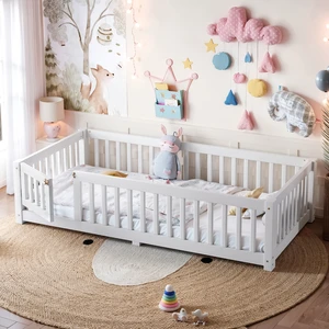 Twin Size Bed Floor Bed with Safety Guardrails and Door for Kids, White Twin Size Bed Floor Bed with Safety Guardrails and Door for Kids, White