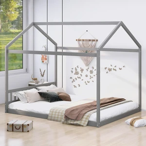 Queen Size Wooden House Bed with Headboard, Gray Queen Size Wooden House Bed with Headboard, Gray