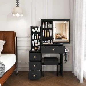 Modern Vanity Desk ,featuring 3 modes of LED lighting with adjustable brightness , with 4 drawers and multiple open storage shelves, with a hair dryer holder and power socket, a dressing chair. Black Modern Vanity Desk ,featuring 3 modes of LED lighting with adjustable brightness , with 4 drawers and multiple open storage shelves, with a hair dryer holder and power socket, a dressing chair. Black
