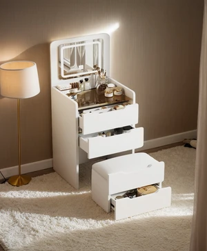 (60CM) 3 in 1 Vanity Desk with Plip Top Mirror, Small Make Up Vanity Set with Visible Glass Desktop, Compact Makeup Vanity with 3 Drawers, Cushioned Tool, Dressing Table for Bedroom (60CM) 3 in 1 Vanity Desk with Plip Top Mirror, Small Make Up Vanity Set with Visible Glass Desktop, Compact Makeup Vanity with 3 Drawers, Cushioned Tool, Dressing Table for Bedroom