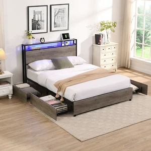 Full Bed Frame, Storage Headboard with Charging Station, Solid and Stable, Noise Free, No Box Spring Needed, Easy Assembly Full Bed Frame, Storage Headboard with Charging Station, Solid and Stable, Noise Free, No Box Spring Needed, Easy Assembly