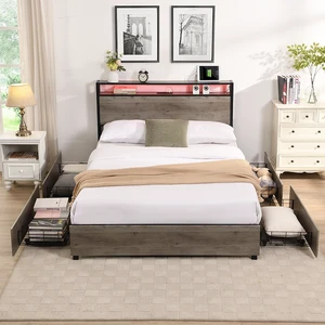 Queen Bed Frame, Storage Headboard with Charging Station, Solid and Stable, Noise Free, No Box Spring Needed, Easy Assembly Queen Bed Frame, Storage Headboard with Charging Station, Solid and Stable, Noise Free, No Box Spring Needed, Easy Assembly