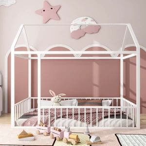 Twin Size Metal Bed House Bed Frame with Fence, for Kids, Teens, Girls, Boys, White Twin Size Metal Bed House Bed Frame with Fence, for Kids, Teens, Girls, Boys, White