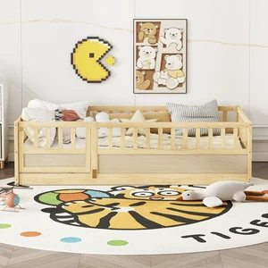 Twin Size Floor bed, integral construction with super high security barrier, door, children's floor bed frame, Montessori wooden children's floor bed, Support slat Natural Wood(Patented model) Twin Size Floor bed, integral construction with super high security barrier, door, children's floor bed frame, Montessori wooden children's floor bed, Support slat Natural Wood(Patented model)