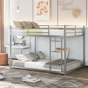 Full over Full Metal Bunk Bed, Low Bunk Bed with Ladder, Silver Full over Full Metal Bunk Bed, Low Bunk Bed with Ladder, Silver