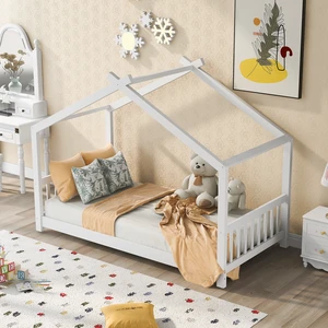 Twin Size House Platform Bed with Headboard and Footboard, Roof Design, White Twin Size House Platform Bed with Headboard and Footboard, Roof Design, White
