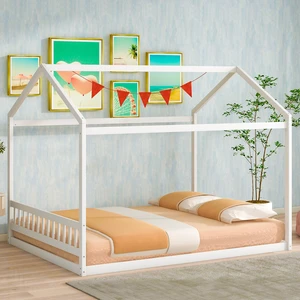 Queen Size Wooden House Bed with Headboard, White Queen Size Wooden House Bed with Headboard, White