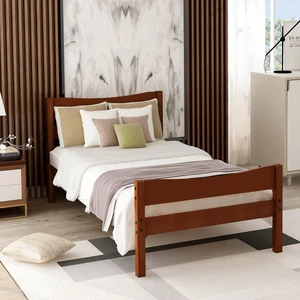 [Not allowed to sell to Walmart]Twin Size Wood Platform Bed with Headboard and Wooden Slat Support (Walnut)
