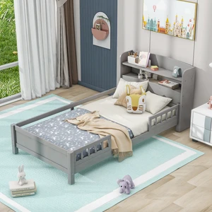 Wood Twin Size Platform Bed with Built-in LED Light, Storage Headboard and Guardrail, Antique Grey Wood Twin Size Platform Bed with Built-in LED Light, Storage Headboard and Guardrail, Antique Grey