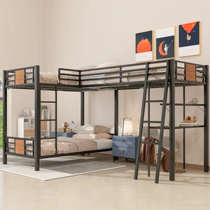 L-Shaped Twin over Twin Bunk Bed with Twin Size Loft Bed with Desk and Shelf ,Black L-Shaped Twin over Twin Bunk Bed with Twin Size Loft Bed with Desk and Shelf ,Black