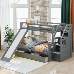 Twin over Full Bunk Bed with Drawers,Storage and Slide, Multifunction, Gray Twin over Full Bunk Bed with Drawers,Storage and Slide, Multifunction, Gray