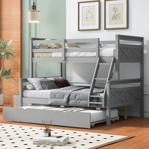 Twin over Full Bunk Bed with Ladder, Twin Size Trundle, Safety Guardrail, Gray Twin over Full Bunk Bed with Ladder, Twin Size Trundle, Safety Guardrail, Gray