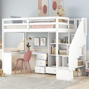 Twin Size Loft Bed with L-Shaped Desk and Drawers, Cabinet and Storage Staircase, White Twin Size Loft Bed with L-Shaped Desk and Drawers, Cabinet and Storage Staircase, White