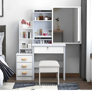 Fashion Vanity Desk with Mirror and Lights for Makeup and Chair, Vanity Mirror with Lights and Table Set with 3 Color Lighting Brightness Adjustable, 4 Drawers, White Color Fashion Vanity Desk with Mirror and Lights for Makeup and Chair, Vanity Mirror with Lights and Table Set with 3 Color Lighting Brightness Adjustable, 4 Drawers, White Color