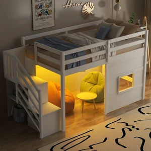 Twin Size Loft Bed with Storage Staircase and Window, With LED Light, White Twin Size Loft Bed with Storage Staircase and Window, With LED Light, White