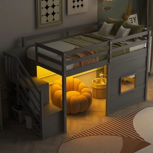 Twin Size Loft Bed with Storage Staircase and Window, With LED Light, Gray Twin Size Loft Bed with Storage Staircase and Window, With LED Light, Gray