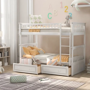 Twin over Twin Bunk Bed with Drawers, Convertible Beds, White Twin over Twin Bunk Bed with Drawers, Convertible Beds, White