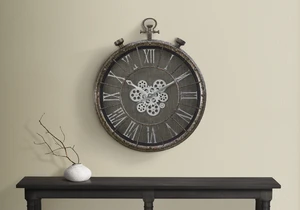 Clocks, 24" Round, Gear Mechanism, Wall Clock, Grey, Transitional Clocks, 24" Round, Gear Mechanism, Wall Clock, Grey, Transitional