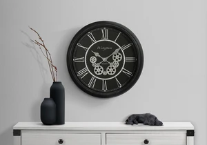 Clocks, 23" Round, Gear Mechanism, Wall Clock, Black, Transitional Clocks, 23" Round, Gear Mechanism, Wall Clock, Black, Transitional