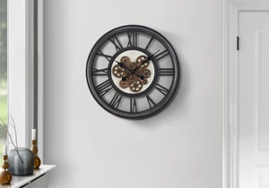 Clocks, 20" Round, Gear Mechanism, Wall Clock, Black, Transitional Clocks, 20" Round, Gear Mechanism, Wall Clock, Black, Transitional
